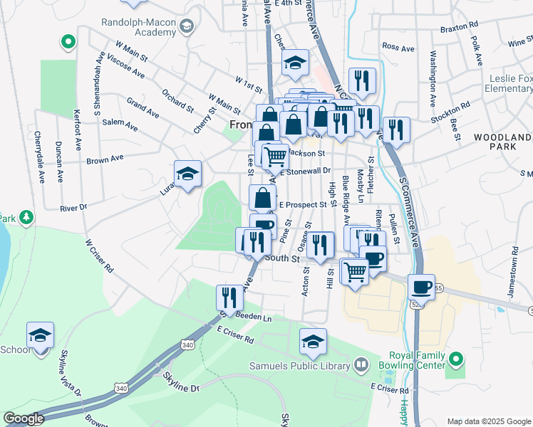 map of restaurants, bars, coffee shops, grocery stores, and more near 313 South Royal Avenue in Front Royal