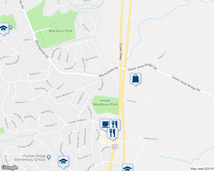 map of restaurants, bars, coffee shops, grocery stores, and more near 1717 Pittsfield Lane in Bowie