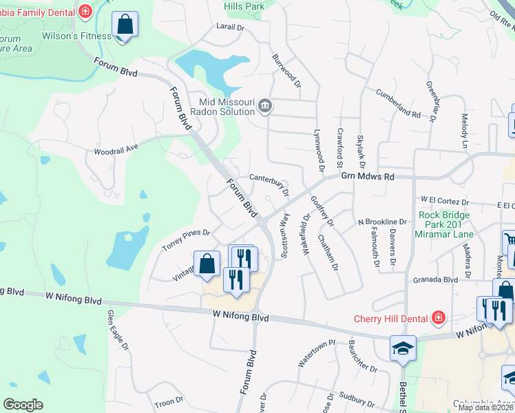 map of restaurants, bars, coffee shops, grocery stores, and more near 15 Lucerne Court in Columbia