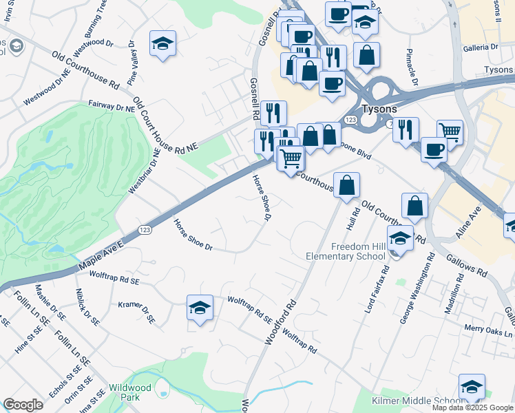 map of restaurants, bars, coffee shops, grocery stores, and more near 8503 Ashgrove Plantation Circle in Vienna