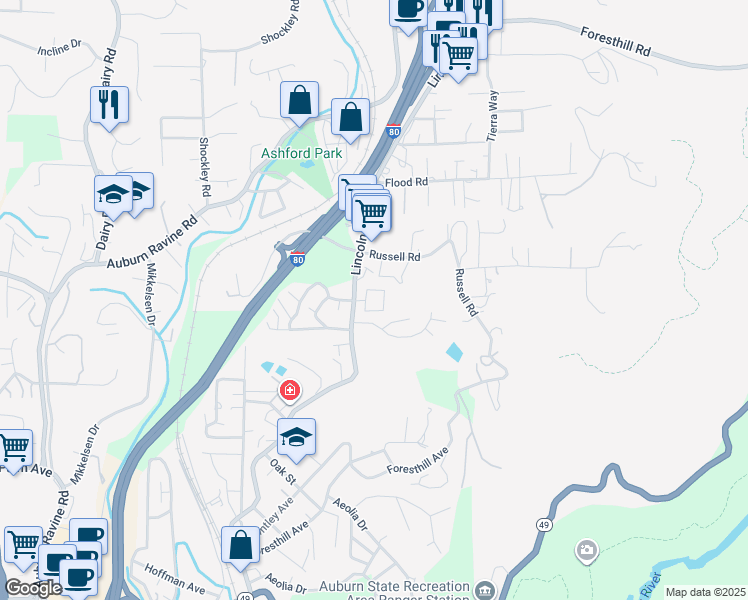 map of restaurants, bars, coffee shops, grocery stores, and more near 13050 Lincoln Way in Auburn