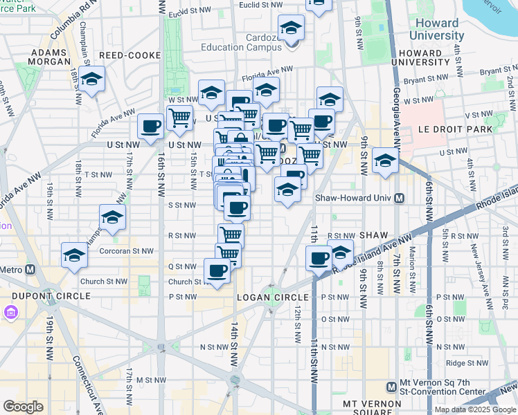 map of restaurants, bars, coffee shops, grocery stores, and more near 1316 S Street NW in Washington