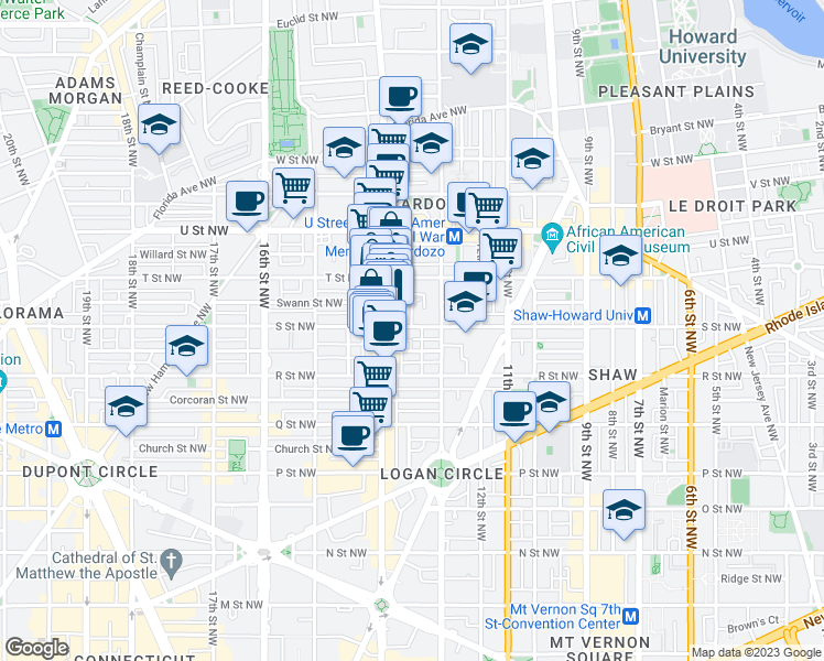 map of restaurants, bars, coffee shops, grocery stores, and more near 1324 S Street Northwest in Washington