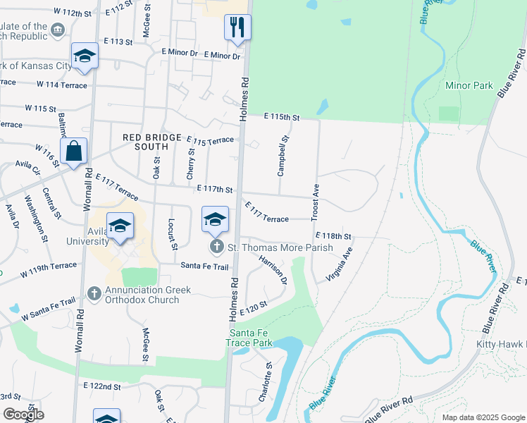 map of restaurants, bars, coffee shops, grocery stores, and more near 805 East 117th Street in Kansas City