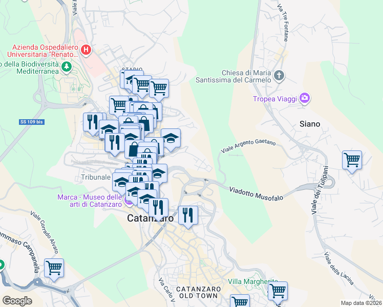 map of restaurants, bars, coffee shops, grocery stores, and more near 57 Via Eugenio de Riso in Catanzaro
