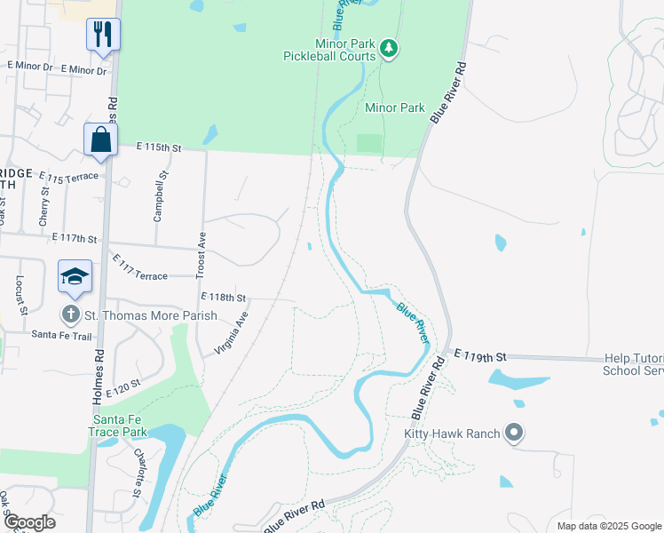 map of restaurants, bars, coffee shops, grocery stores, and more near Old Railroad Bed Trail in Kansas City