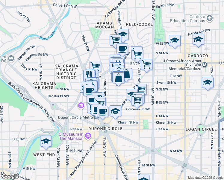 map of restaurants, bars, coffee shops, grocery stores, and more near 1816 S Street NW in Washington