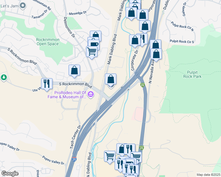 map of restaurants, bars, coffee shops, grocery stores, and more near 6000-6132 Mark Dabling Blvd in Colorado Springs