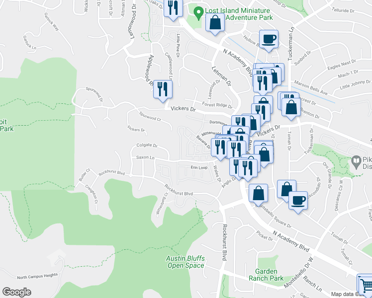 map of restaurants, bars, coffee shops, grocery stores, and more near 5702 Appalachian View in Colorado Springs