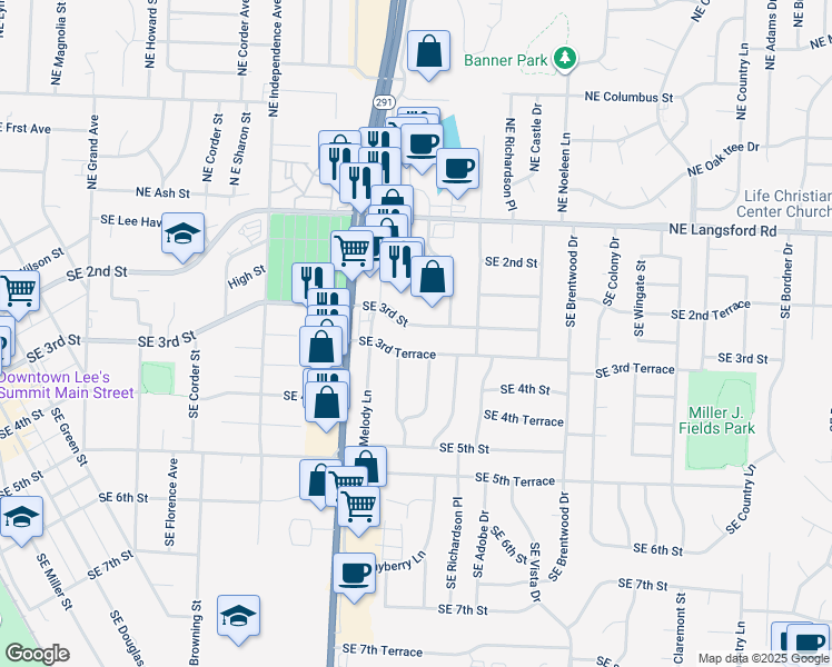 map of restaurants, bars, coffee shops, grocery stores, and more near 936 Southeast 3rd Street in Lee's Summit