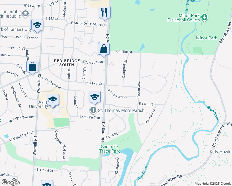 map of restaurants, bars, coffee shops, grocery stores, and more near 805 East 117th Street in Kansas City
