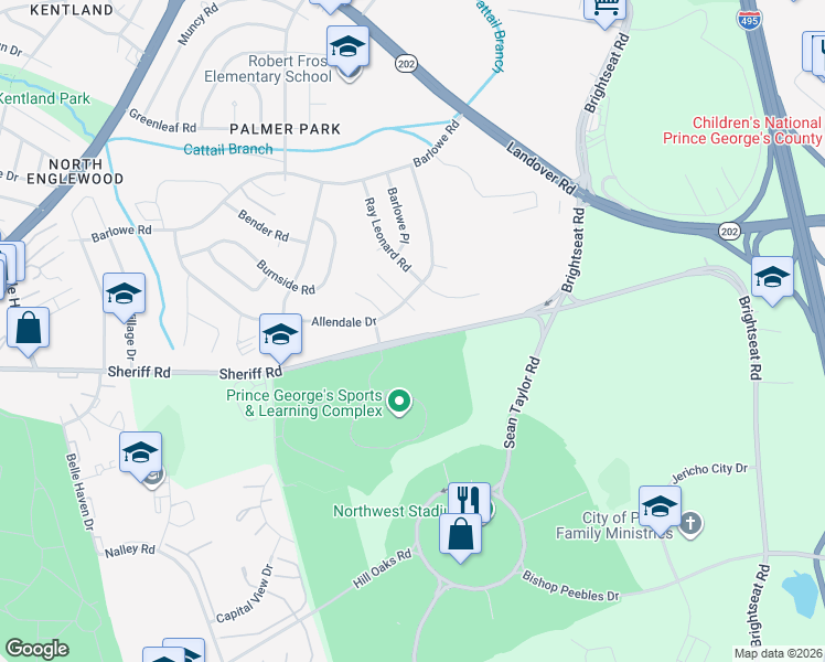 map of restaurants, bars, coffee shops, grocery stores, and more near 8024 Sheriff Road in Hyattsville