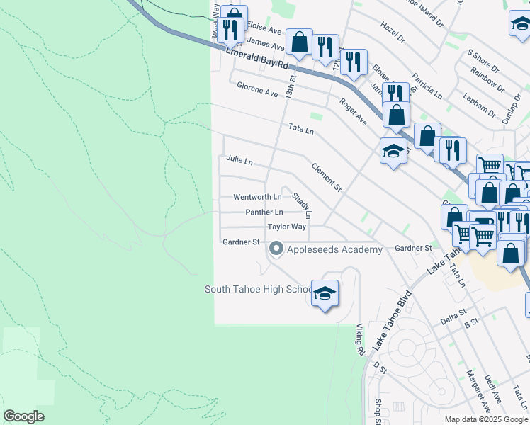 map of restaurants, bars, coffee shops, grocery stores, and more near 13th Street & Panther Lane in South Lake Tahoe