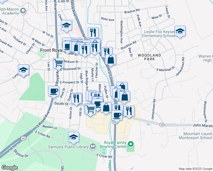 map of restaurants, bars, coffee shops, grocery stores, and more near 307 Front Street in Front Royal