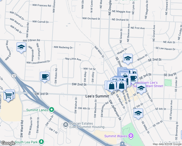 map of restaurants, bars, coffee shops, grocery stores, and more near 98 Northwest 1st Street in Lee's Summit