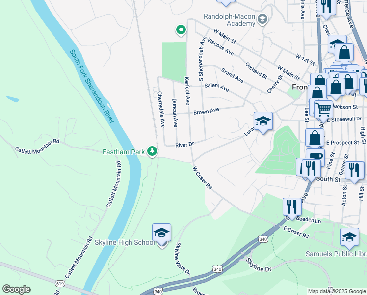 map of restaurants, bars, coffee shops, grocery stores, and more near 708 River Drive in Front Royal