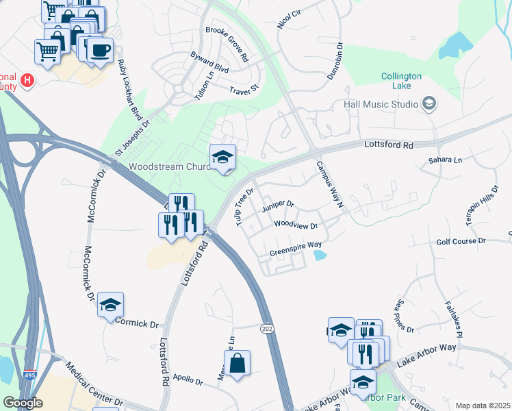 map of restaurants, bars, coffee shops, grocery stores, and more near 1809 Spanish Oak Lane in Bowie