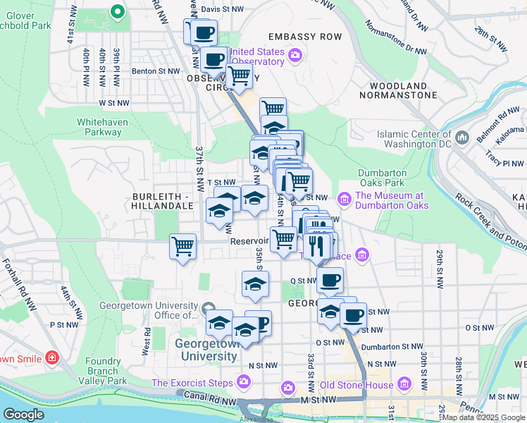 map of restaurants, bars, coffee shops, grocery stores, and more near 1711 35th Street Northwest in Washington