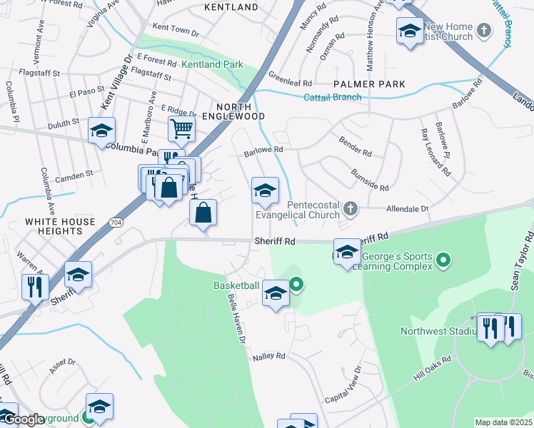 map of restaurants, bars, coffee shops, grocery stores, and more near 1758 Dutch Village Drive in Greater Landover