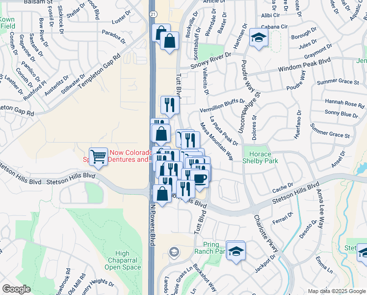 map of restaurants, bars, coffee shops, grocery stores, and more near 5642 Vermillion Bluffs Drive in Colorado Springs