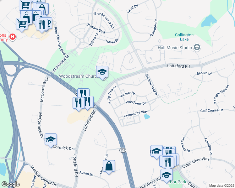 map of restaurants, bars, coffee shops, grocery stores, and more near 1809 Spanish Oak Lane in Bowie