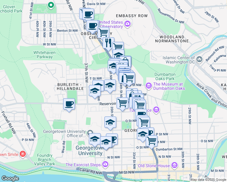 map of restaurants, bars, coffee shops, grocery stores, and more near 1711 35th Street Northwest in Washington