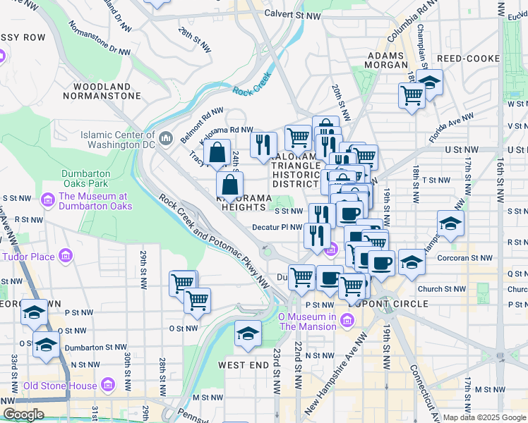 map of restaurants, bars, coffee shops, grocery stores, and more near 2310 S Street Northwest in Washington