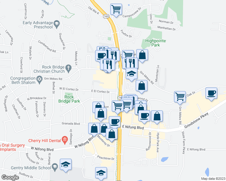 map of restaurants, bars, coffee shops, grocery stores, and more near 215 East El Cortez Drive in Columbia