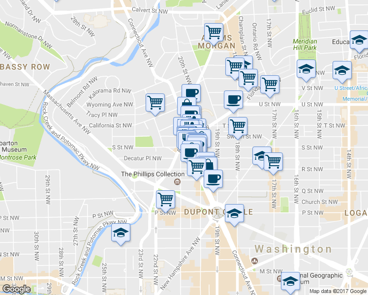map of restaurants, bars, coffee shops, grocery stores, and more near 2050 S Street Northwest in Washington