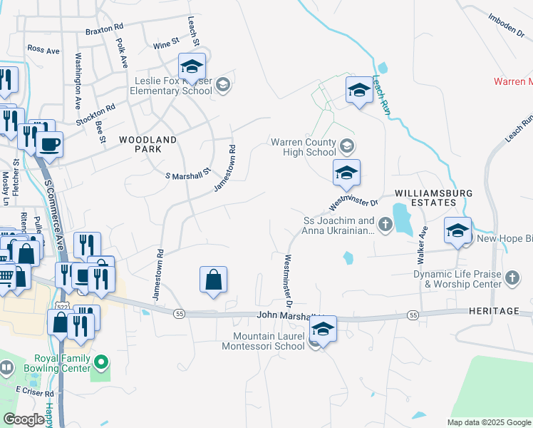 map of restaurants, bars, coffee shops, grocery stores, and more near 61 Westminster Drive in Front Royal