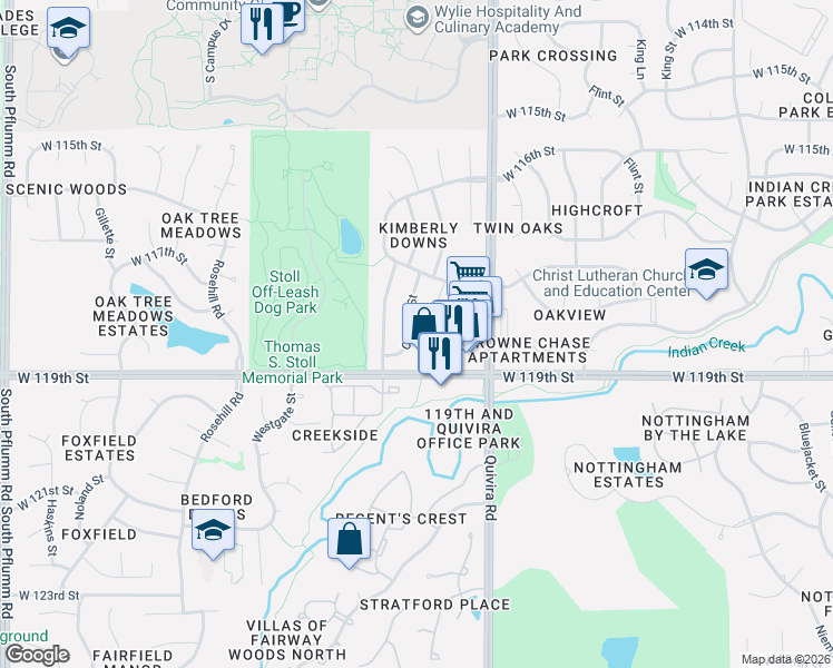 map of restaurants, bars, coffee shops, grocery stores, and more near 11809 Caenen Street in Overland Park