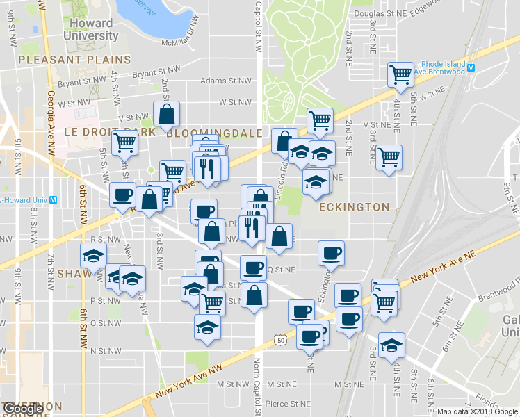 map of restaurants, bars, coffee shops, grocery stores, and more near North Capitol St NE & S St NE in Washington