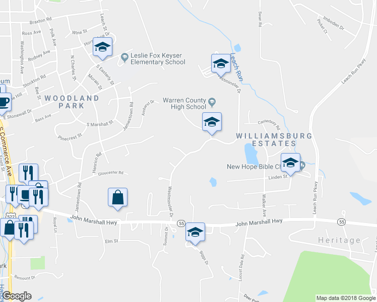 map of restaurants, bars, coffee shops, grocery stores, and more near 77 Westminster Drive in Front Royal