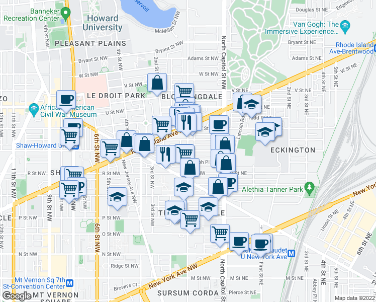 map of restaurants, bars, coffee shops, grocery stores, and more near 1st Street Northwest & S Street Northwest in Washington