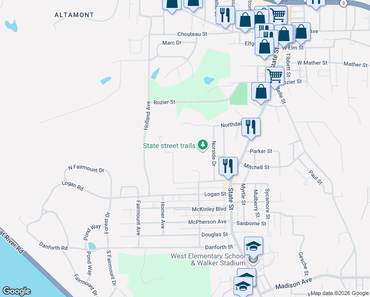 map of restaurants, bars, coffee shops, grocery stores, and more near 905 Bradley Street in Alton