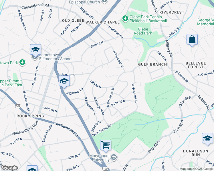 map of restaurants, bars, coffee shops, grocery stores, and more near 4635 35th Street North in Arlington