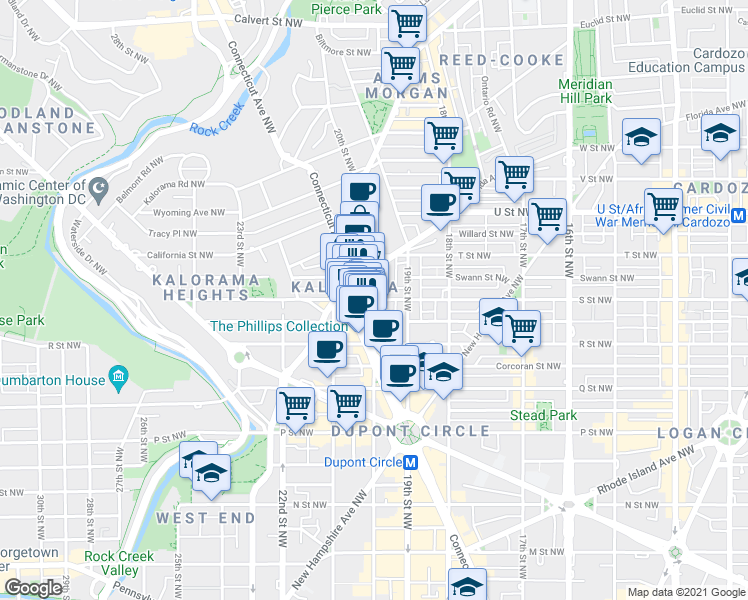 map of restaurants, bars, coffee shops, grocery stores, and more near S Street Northwest & 20th Street Northwest in Washington