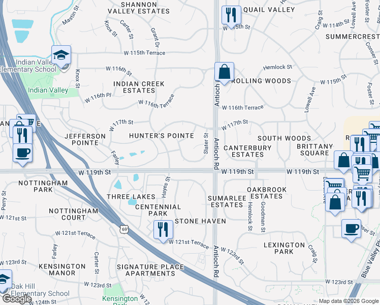 map of restaurants, bars, coffee shops, grocery stores, and more near 11739 England Street in Overland Park