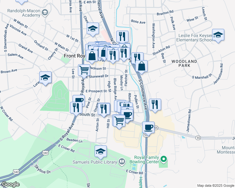 map of restaurants, bars, coffee shops, grocery stores, and more near 308 Blue Ridge Avenue in Front Royal