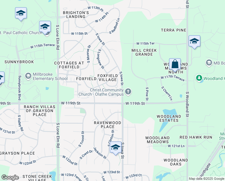 map of restaurants, bars, coffee shops, grocery stores, and more near 20943 West 117th Terrace in Olathe