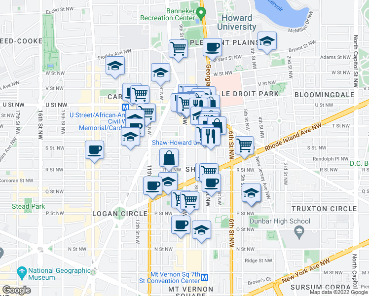 map of restaurants, bars, coffee shops, grocery stores, and more near 9th Street Northwest & S Street Northwest in Washington