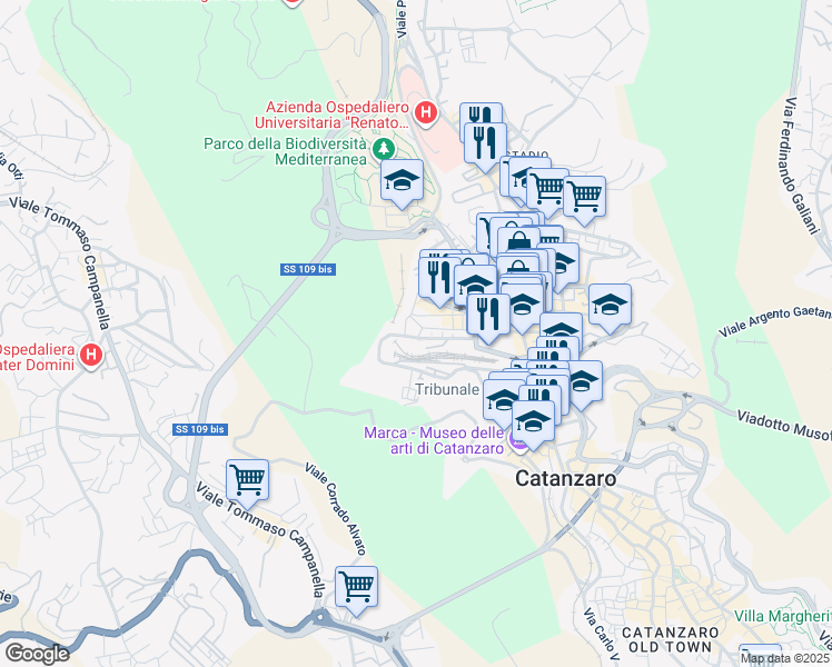 map of restaurants, bars, coffee shops, grocery stores, and more near 7 Via Azaria Tedeschi in Catanzaro