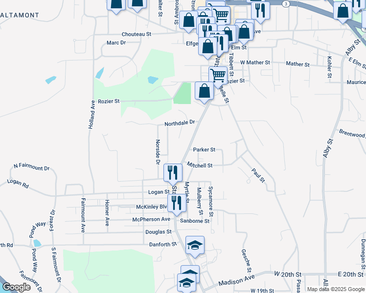 map of restaurants, bars, coffee shops, grocery stores, and more near 2202 State Street in Alton