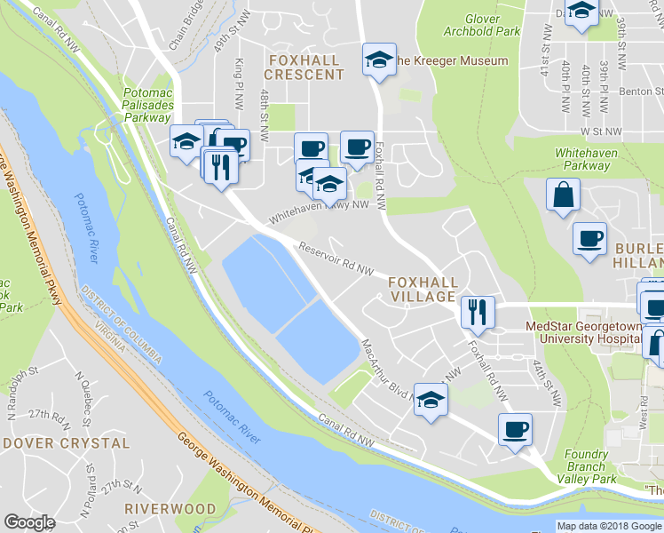 map of restaurants, bars, coffee shops, grocery stores, and more near 4714 Reservoir Road Northwest in Washington