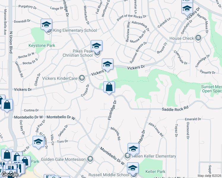 map of restaurants, bars, coffee shops, grocery stores, and more near 3620 Saddle Rock Court in Colorado Springs