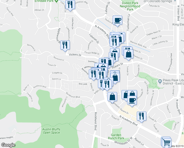 map of restaurants, bars, coffee shops, grocery stores, and more near 1985 Mittenwald Drive in Colorado Springs