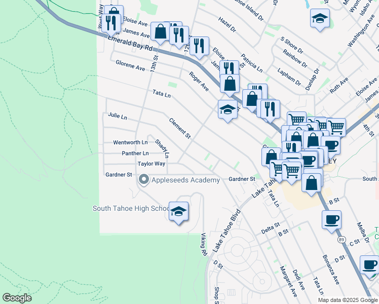 map of restaurants, bars, coffee shops, grocery stores, and more near 1867 10th Street in South Lake Tahoe