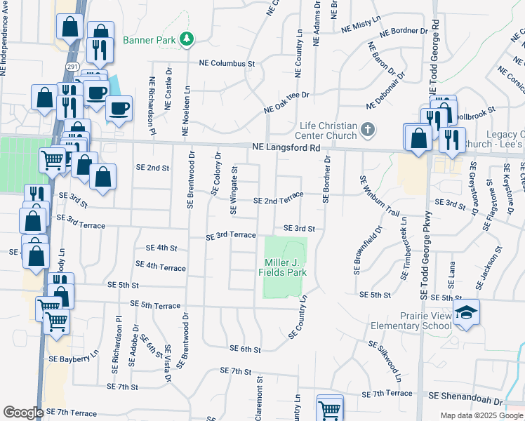 map of restaurants, bars, coffee shops, grocery stores, and more near 1211 Southeast 2nd Terrace in Lee's Summit
