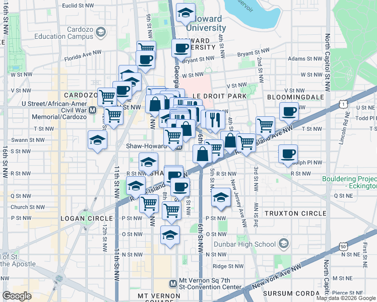 map of restaurants, bars, coffee shops, grocery stores, and more near 633 S Street Northwest in Washington