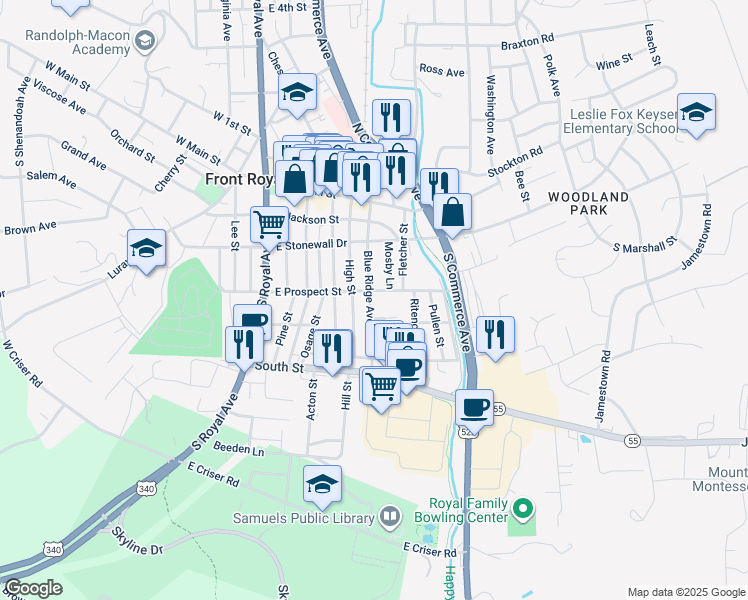 map of restaurants, bars, coffee shops, grocery stores, and more near 308 Blue Ridge Avenue in Front Royal